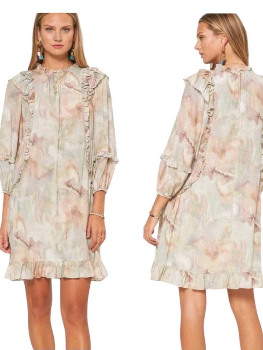 Current Air Watercolor Ruffle Dress Size Med Anthropologie Longsleeve Party